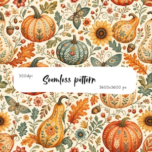 Pode incluir: Um padrão contínuo com abóboras laranja e azul-petróleo, girassóis, folhas de carvalho, bolotas e borboletas num fundo creme. A imagem inclui o texto 300dpi, Seamless pattern e 3600x3600 px num retângulo branco central.