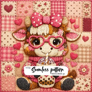 Kawaii Crochet Cow Patc Kawaii Crochet Cow Patchwork Design, różowe walentynkowe zwierzątko rolnicze, szklanki w kształcie serca i napój Boba, uroczy T-shirt cyfrowy A