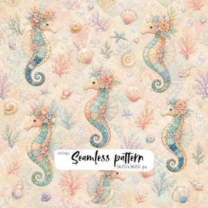 Puede incluir: Un patrón continuo con caballitos de mar adornados con coronas florales, rodeados de conchas, corales y perlas sobre un fondo beige texturizado. La imagen incluye el texto 300dpi Seamless pattern 3600x3600 px en un rectángulo blanco.