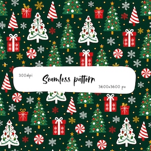 Pode incluir: Um padrão contínuo sobre fundo verde escuro com árvores de Natal, caixas de presente vermelhas com laços brancos, rebuçados de menta e flocos de neve brancos. O texto 300dpi, Seamless pattern e 3600x3600 px está impresso no centro.