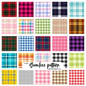 Pode incluir: Uma coleção de vinte e cinco azulejos quadrados com vários padrões de xadrez e vichy em diversas cores, incluindo vermelho, rosa, azul, verde, amarelo e preto. Uma etiqueta branca no centro exibe o texto 300dpi Seamless pattern 3600x3600 px.
