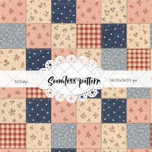 May include: A seamless pattern featuring a patchwork quilt design with alternating squares of pink, cream, and blue floral prints, red and white gingham checks, and navy blue squares with white stars. The text Seamless pattern 300dpi 3600x3600 px is visible.