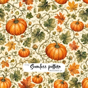 May include: A seamless pattern featuring orange pumpkins, green vine leaves, and orange maple leaves on a cream background. The text "300dpi Seamless pattern 3600x3600 px" is printed in black across the center of the repeating botanical design.