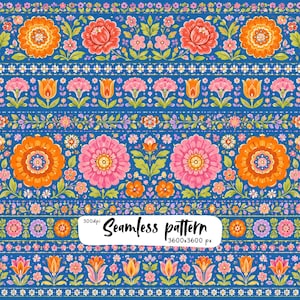 Pode incluir: Um padrão digital sem costuras com faixas horizontais de flores vibrantes laranja, rosa e vermelhas com folhas verdes sobre um fundo azul profundo. Uma etiqueta retangular branca no centro exibe o texto 300dpi Seamless pattern 3600x3600 px.