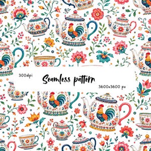 Folk Art Tea Set Seamless Pattern, Colorful Rooster Teapots, Floral Kitchen Design, Farmhouse Fabric Wallpaper PNG