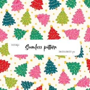Pode incluir: Um padrão contínuo com árvores de Natal ilustradas em tons de vermelho, rosa, verde-escuro e verde-claro, decoradas com pequenas estrelas amarelas sobre um fundo creme. O texto 300dpi, Seamless pattern e 3600x3600 px é visível.