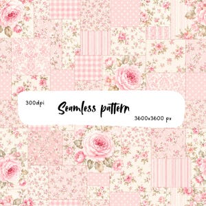 May include: A seamless digital pattern featuring a patchwork of light pink and cream squares. The design includes floral rose motifs, gingham checks, polka dots, and vertical stripes. Text on the image reads 300dpi, Seamless pattern, 3600x3600 px.