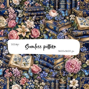 May include: A seamless pattern featuring stacks of blue antique books with gold detailing, interspersed with pink and white floral arrangements, blue butterflies, and open books with botanical illustrations. The text 300dpi, Seamless pattern, 3600x3600 px is visible.