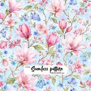 Naadloos patroon met magnoliabloemen in PNG-formaat, roze en blauwe aquarelbloemen, botanisch digitaal papier voor de lente.