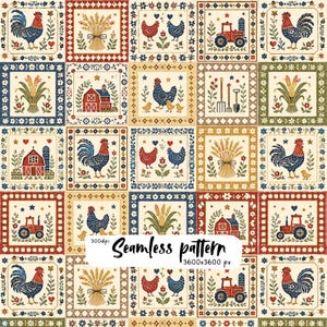 May include: A seamless pattern featuring a grid of square tiles with farm-themed illustrations including roosters, red barns, tractors, wheat sheaves, and garden tools in a color palette of red, blue, green, and cream. Text reads Seamless pattern.