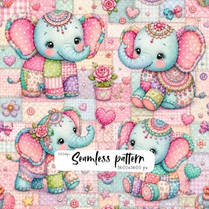May include: A seamless pattern featuring four light blue cartoon elephants with pink polka-dot ears, decorated with floral and patchwork elements. The background consists of a pastel-colored quilt design with hearts, buttons, and roses.