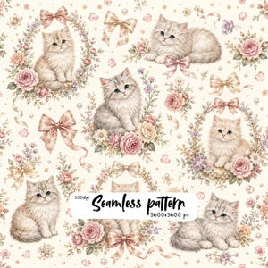 ふわふわの子猫のシームレスパターン、ヴィンテージフローラルキャットデジタルペーパー、ピンクのバラとリボン、シャビーシックなファブリックデザイン