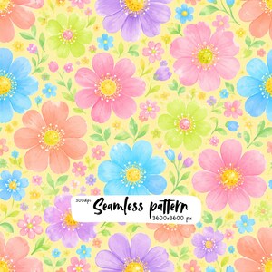 May include: A seamless pattern featuring watercolor flowers in shades of pink, blue, purple, orange, and lime green on a pale yellow background. The design includes small green leaves and tiny buds. Text reads: 300dpi Seamless pattern 3600x3600 px.