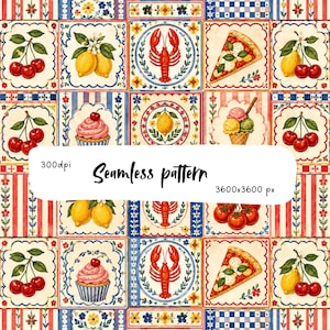 May include: A seamless pattern featuring a grid of square tiles with illustrations of cherries, lemons, lobsters, pizza slices, cupcakes, and ice cream cones, interspersed with striped and floral borders. Text reads 300dpi and 3600x3600 px.