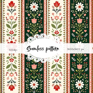 May include: A seamless floral pattern with vertical stripes. The design features red, pink, and white flowers, green leaves, and small hearts on a cream and dark green background. The text "Seamless pattern" is displayed.
