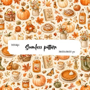 Peut inclure: Un motif répétitif illustrant des éléments d'automne tels que des citrouilles, des paniers de pommes, des roulés à la cannelle, des pots de miel, des bouteilles de cidre, des ours en peluche, des bouquets, des papillons, des feuilles et des bottes.