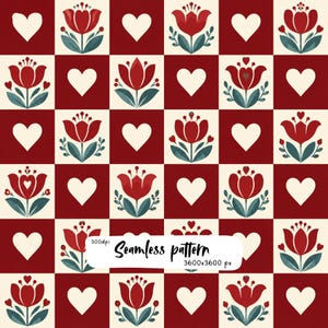 May include: A seamless pattern featuring a checkerboard grid of alternating dark red and cream squares. The cream squares contain red tulip illustrations with blue-green leaves, while the dark red squares feature cream-coloured hearts. Text reads: Seamless pattern 300dpi 3600x3600 px.