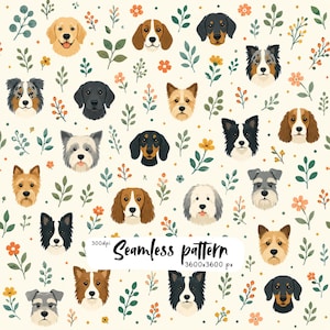 Pode incluir: Um padrão contínuo apresentando várias raças de cães, incluindo golden retrievers, beagles e schnauzers, intercalados com folhas verdes, flores laranja e bagas num fundo creme. O texto diz 300dpi Seamless pattern 3600x3600 px.