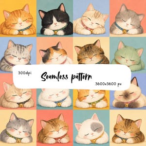 Motivo senza cuciture con gattini addormentati in stile Kawaii, carta digitale con simpatici gattini a quadretti, stampa su tessuto per cameretta dai colori pastello, design PNG per trapunta con gattini accoglienti