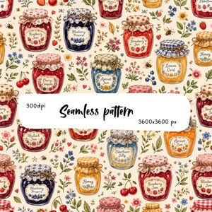 Strawberry Jam Seamless Pattern, Cottagecore Preserves Digital Paper, Vintage Jam Jars, Farmhouse Floral PNG