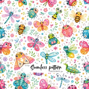 Cute Kawaii Bugs Seamless Pattern, Whimsical Butterflies and Ladybugs, Kids Fabric Print, Nursery Digital Paper