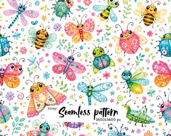 Cute Kawaii Bugs Seamless Pattern, Whimsical Butterflies and Ladybugs, Kids Fabric Print, Nursery Digital Paper