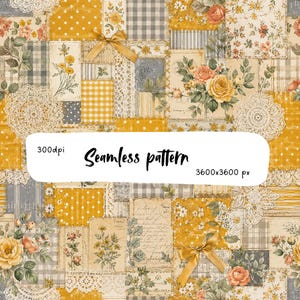 Könnte beinhalten: Ein digitales nahtloses Muster mit einem Patchwork-Design aus senfgelben und grauen Quadraten. Elemente umfassen Blumenillustrationen, Punkte, Vichy-Karo, Streifen, Spitzendeckchen, handschriftlichen Text und goldene Schleifen. Text: 300dpi, Seamless pattern, 3600x3600 px.