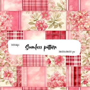 Papier numérique sans couture à motif patchwork floral rose, fond de quilt cottagecore, roses shabby chic, motif de tissu à carreaux floraux, scrapbooking
