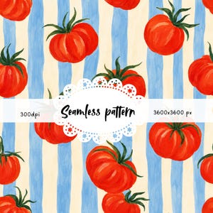 Pode incluir: Padrão sem costura com ilustrações em aquarela de tomates vermelhos maduros com caules verdes, em um fundo de listras verticais azuis e bege. O texto "Seamless pattern" é exibido em uma moldura decorativa.