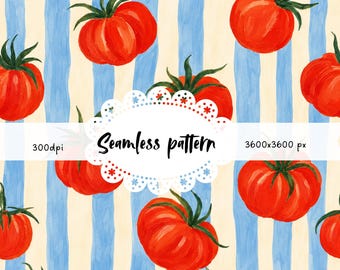 Motivo a strisce di pomodoro senza soluzione di continuità JPG | Motivo ripetuto di verdure da cucina mediterranea | Stampa su tessuto con pomodoro rosso ad acquerello | Superficie estiva italiana