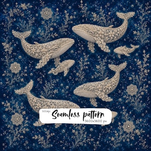 Ivory Lace Whale Seamless Pattern, Deep Blue Ocean Floral Whales, Pearl Bubble Nautical Textile Digital Paper