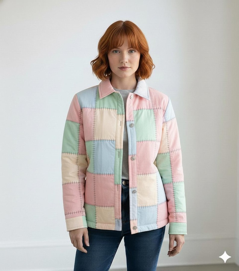 May include: A pastel patchwork jacket in pink, green, blue, and cream. The jacket features a button-up front and a collar, worn over a grey top and blue jeans. The visible stitching enhances the quilted design of the garment.