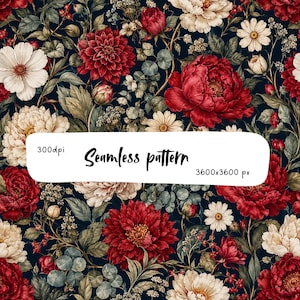 Op de afbeelding: Een naadloos patroon met donkerrode en crèmekleurige pioenen, dahlia's en kleine witte madeliefjes op een donkere achtergrond. Een wit rechthoekig kader toont de tekst 300dpi, Seamless pattern, en 3600x3600 px in zwarte letters.