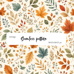 Autumn Botanical Leaves Seamless Pattern PNG, Watercolor Fall Foliage, Scandinavian Nature Fabric Print, Cottagecore Wallpaper