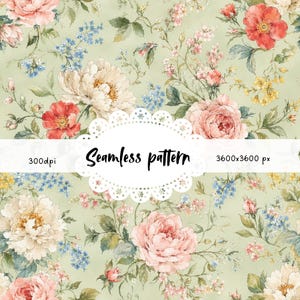 Pode incluir: Um padrão floral contínuo com flores em aquarela em tons de rosa, vermelho e creme, com detalhes em azul, sobre um fundo verde claro. O design inclui o texto "Seamless pattern" em uma moldura decorativa, juntamente com detalhes de resolução.