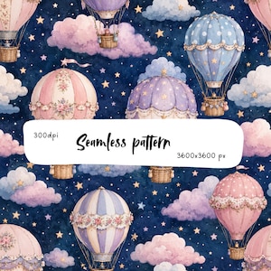 May include: A seamless pattern featuring hot air balloons in shades of pink, blue, and purple floating among fluffy clouds and yellow stars against a dark navy background. The text 300dpi, Seamless pattern, and 3600x3600 px is visible.