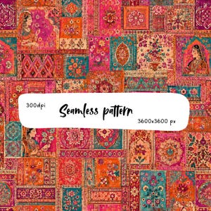 Motif floral patchwork indien sans couture rose bohème, papier numérique à motifs cachemire et lotus, papier peint en tissu, scrapbooking, PNG imprimable