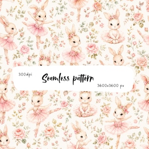 Pode incluir: Um padrão sem costuras com ilustrações em aguarela de coelhos com tutus cor-de-rosa e adornos florais, intercalados com rosas cor-de-rosa e folhas verdes. A imagem inclui o texto 300dpi, Seamless pattern e 3600x3600 px.