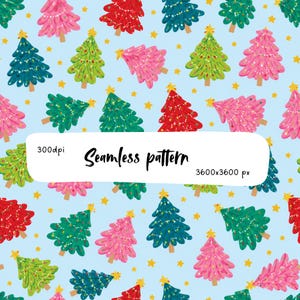 Könnte beinhalten: Ein nahtloses Muster mit stilisierten Weihnachtsbäumen in Rosa, Rot, Dunkelgrün und Hellgrün auf hellblauem Grund mit kleinen gelben Sternen. Der Text 300dpi, Seamless pattern und 3600x3600 px ist darüber eingeblendet.