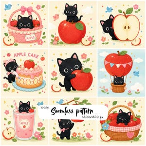 Pode incluir: Um padrão sem costura com gatos pretos e maçãs vermelhas em várias cenas, incluindo um gato numa cesta, sobre uma maçã, com bolo de maçã, num balão de ar quente e com um batido, com texto Apple, Apple Cake e Seamless pattern.
