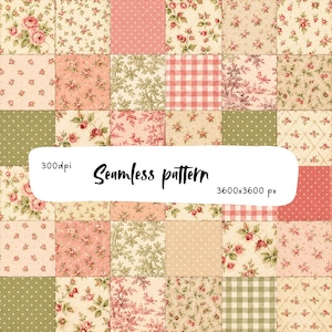 Beige Toile Patchwork Seamless Pattern, Vintage Cottage Quilt Digital Paper, Neutral Floral Fabric Repeat Design Art