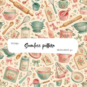 Pode incluir: Um padrão contínuo com ilustrações de utensílios de cozinha como rolos, batedores, escorredores, tigelas e potes rotulados como Flour, Sugar e Recipes, decorados com motivos florais rosa e azul e laços sobre um fundo creme.