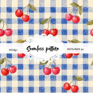 Pode incluir: Padrão sem costura de cerejas vermelhas e folhas verdes sobre um fundo xadrez azul e creme. A imagem inclui o texto "Seamless pattern", "300dpi" e "3600x3600 px". Adequado para têxteis e design.