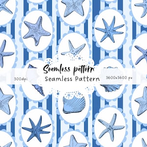 Pode incluir: Padrão sem costura com estrelas do mar e conchas azuis sobre um fundo de listras brancas e azuis. O design inclui o texto "Seamless pattern" e detalhes sobre a resolução da imagem.