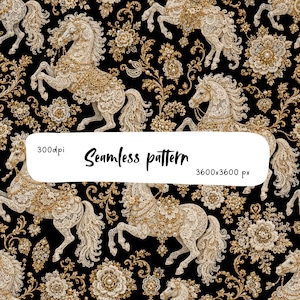 May include: A seamless pattern featuring white lace horses adorned with gold filigree and pearls against a black background, interspersed with intricate floral motifs. The image includes the text 300dpi, Seamless pattern, and 3600x3600 px.