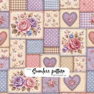 May include: A seamless pattern featuring a patchwork design of squares and rectangles. The print includes floral rose clusters, polka dots, gingham checks, and heart shapes in shades of pink, purple, blue, and cream. Text reads 300dpi Seamless pattern 3600x3600 px.