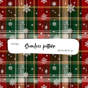 Pode incluir: Um padrão digital sem costuras com um fundo xadrez vermelho, verde escuro e bege, sobreposto com flocos de neve brancos de vários tamanhos. Uma etiqueta branca exibe o texto 300dpi, Seamless pattern, 3600x3600 px.