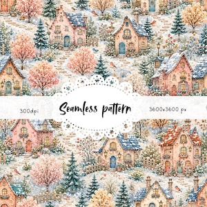 Pode incluir: Um padrão sem costura com uma pitoresca vila com casas em tons pastel, árvores e uma paisagem nevada. A imagem inclui o texto "Seamless pattern" e detalhes de resolução.