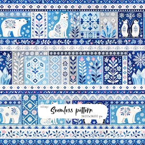 May include: A seamless pattern featuring a repeating winter theme with polar bears, arctic foxes, penguins, snowflakes, crystals, and floral motifs in shades of blue, white, and pink. The image includes the text Seamless pattern 300dpi 3600x3600 px.