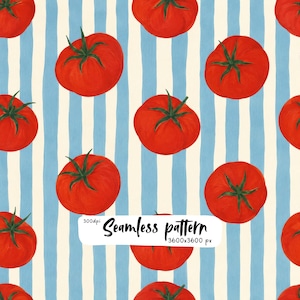 Pode incluir: Um padrão contínuo com tomates vermelhos brilhantes e caules verdes sobre um fundo de riscas verticais azul-claras e creme. Uma etiqueta branca no centro apresenta o texto 300dpi Seamless pattern 3600x3600 px.